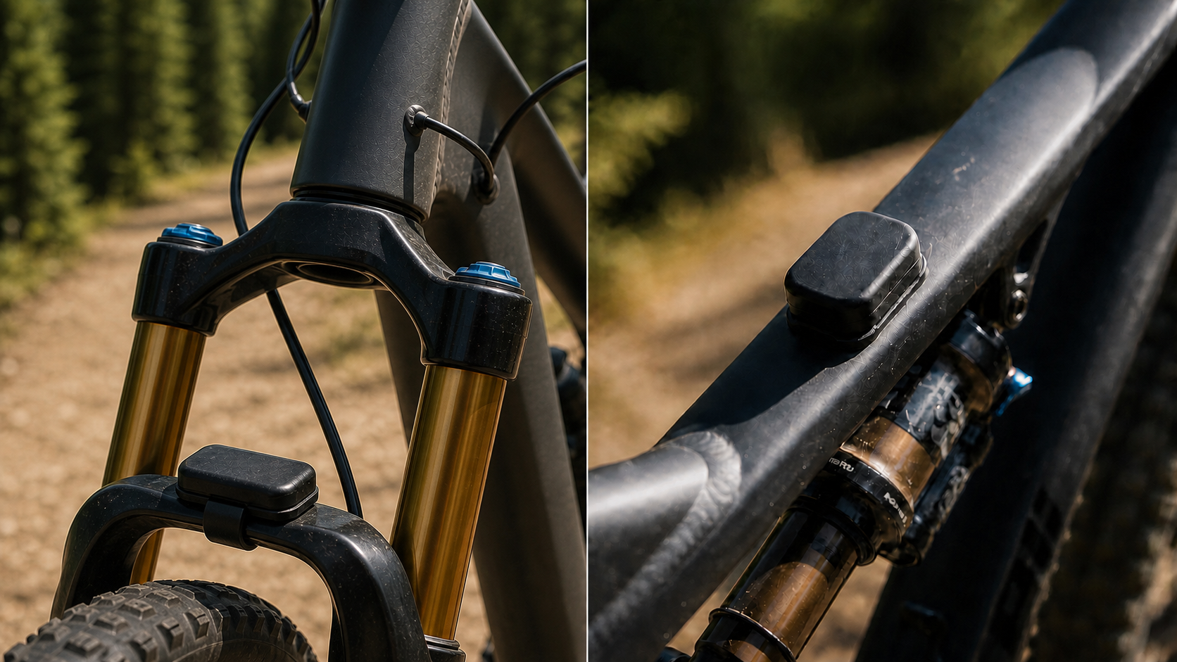 Split close-up: a fork sensor strapped to the lower bridge between the gold tubes and a rear-shock sensor on the frame